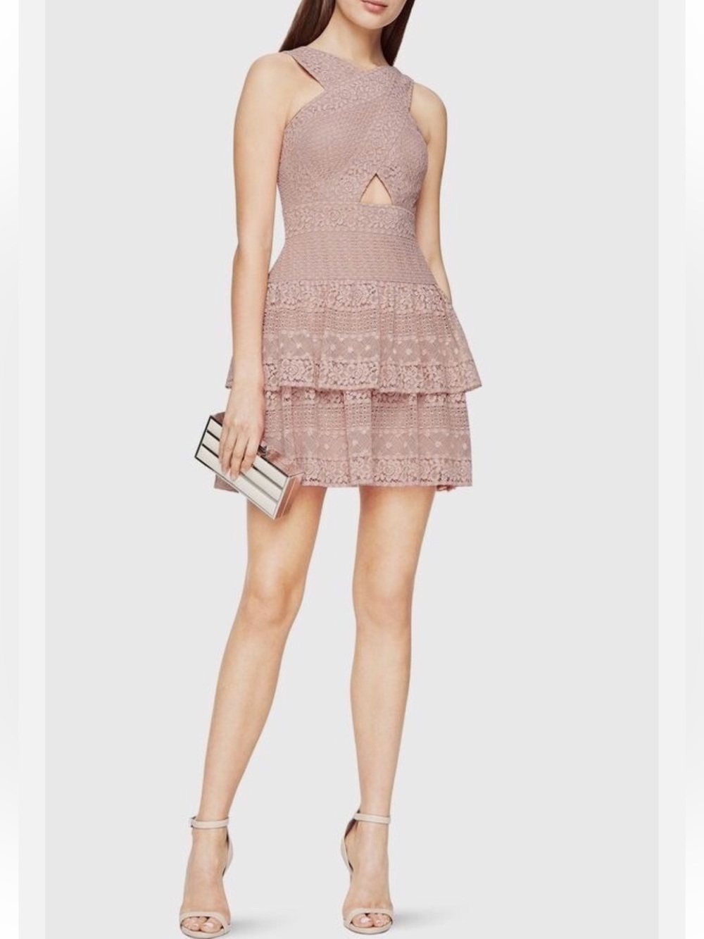 BCBGMaxAzria Dusty Rose Lace Tiered Mini Cocktail Dress with Cutout